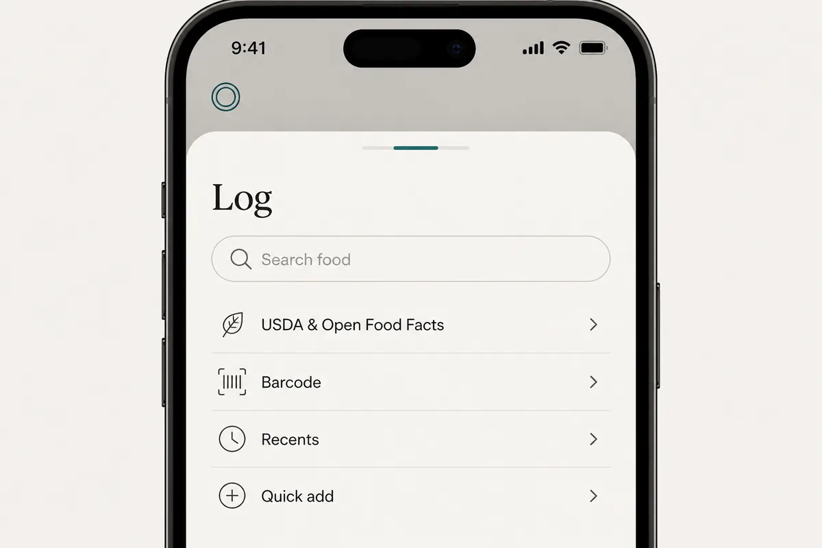 Course log sheet: search food, USDA and Open Food Facts, barcode, recents, and quick add.