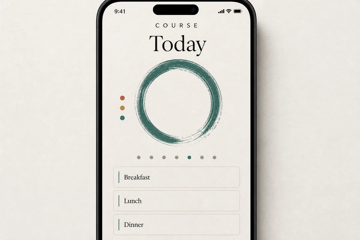 Course Today screen: a plate-ring mark, a week strip, and Breakfast, Lunch, and Dinner rows.